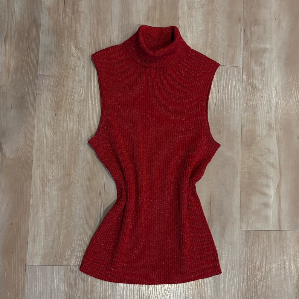 90’s Vintage Style - Susan Lewis - Red Knit Turtle Neck Glitter Tank